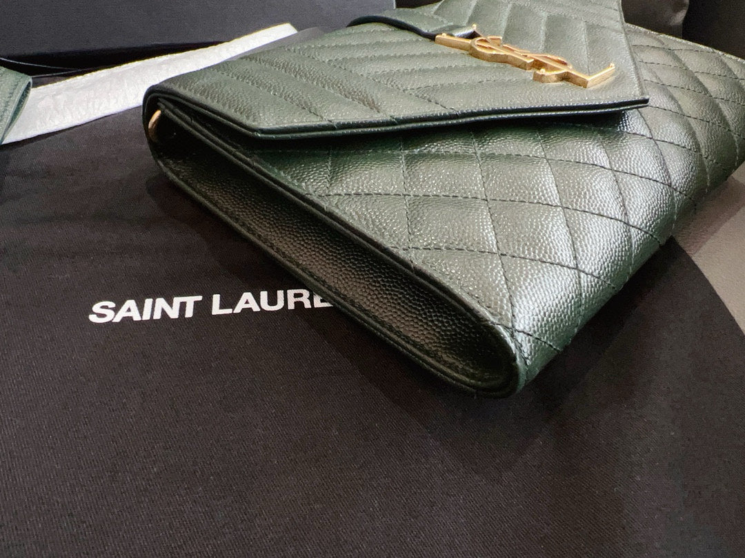 Saint Laurent - Monogram Envelope Clutch - Grained leather - Dark green - (small)