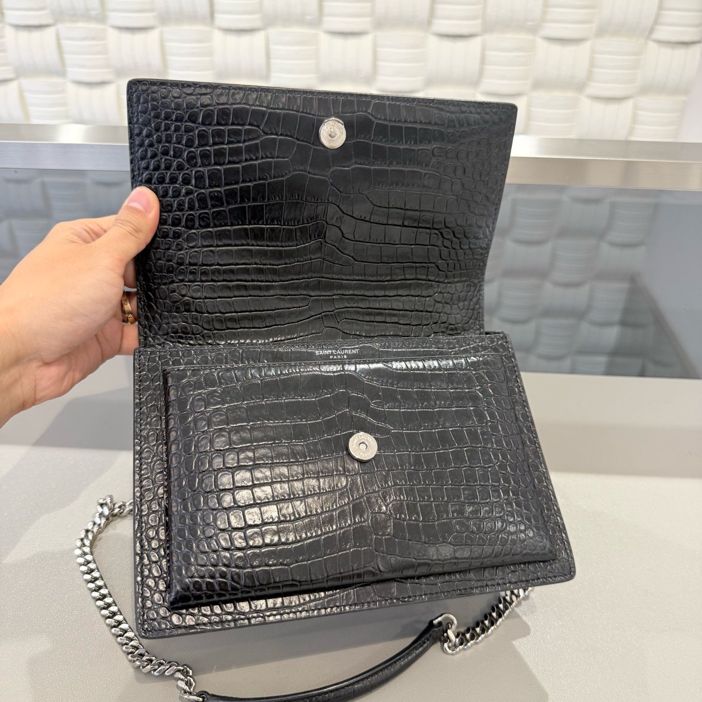 Saint Laurent - Sunset Bag - Croc-embossed cowhide leather - Black with silver-tone hardware - (Medium)