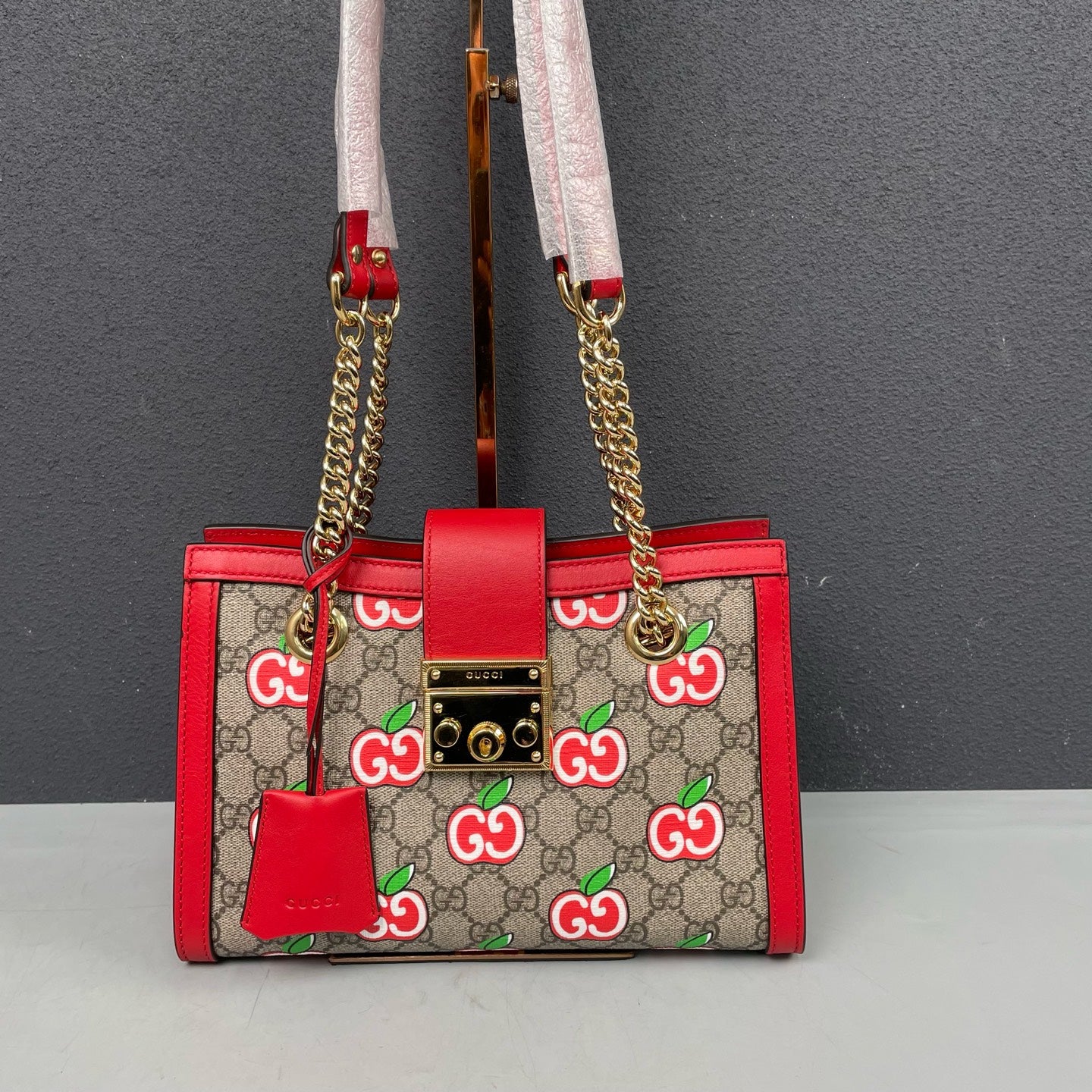 Gucci - Padlock Tote Bag (Apple Print) - GG Supreme canvas with leather trim - Multicolour (Beige/Ebony with Red trim) - (Small)