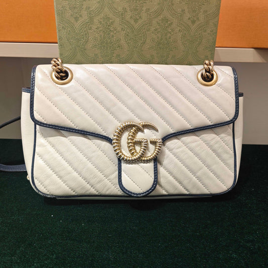 Gucci - GG Marmont 26 Limited Edition - Leather - Beige with Navy Blue accents - (Medium)