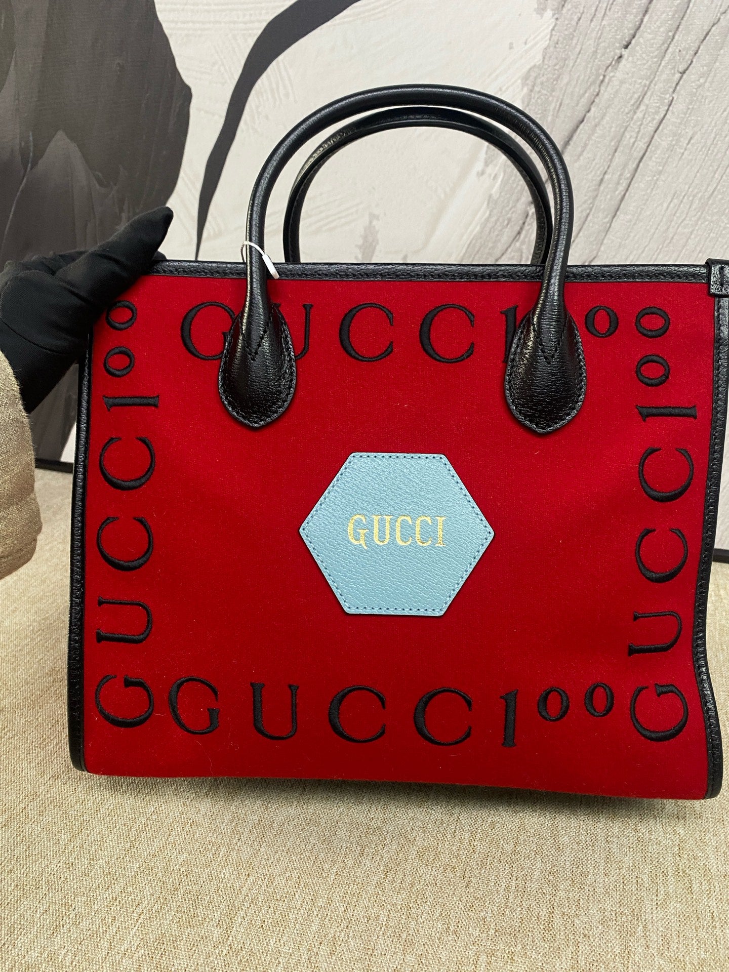 Gucci - 100th Anniversary Tote Bag - Velvet and Leather - Red - (medium)