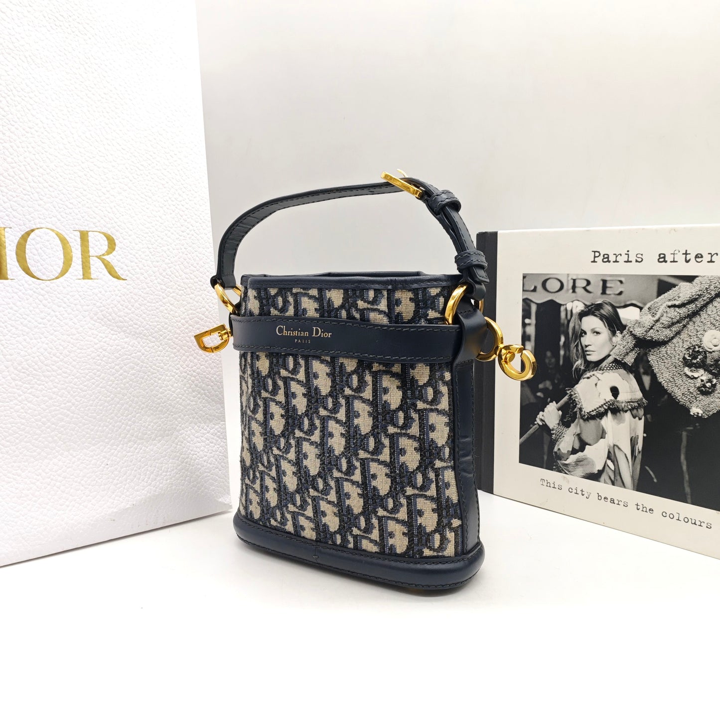 Dior - Dior Oblique Embroidered Mini Bucket Bag - Embroidered canvas with calfskin leather trim - Navy - (mini)