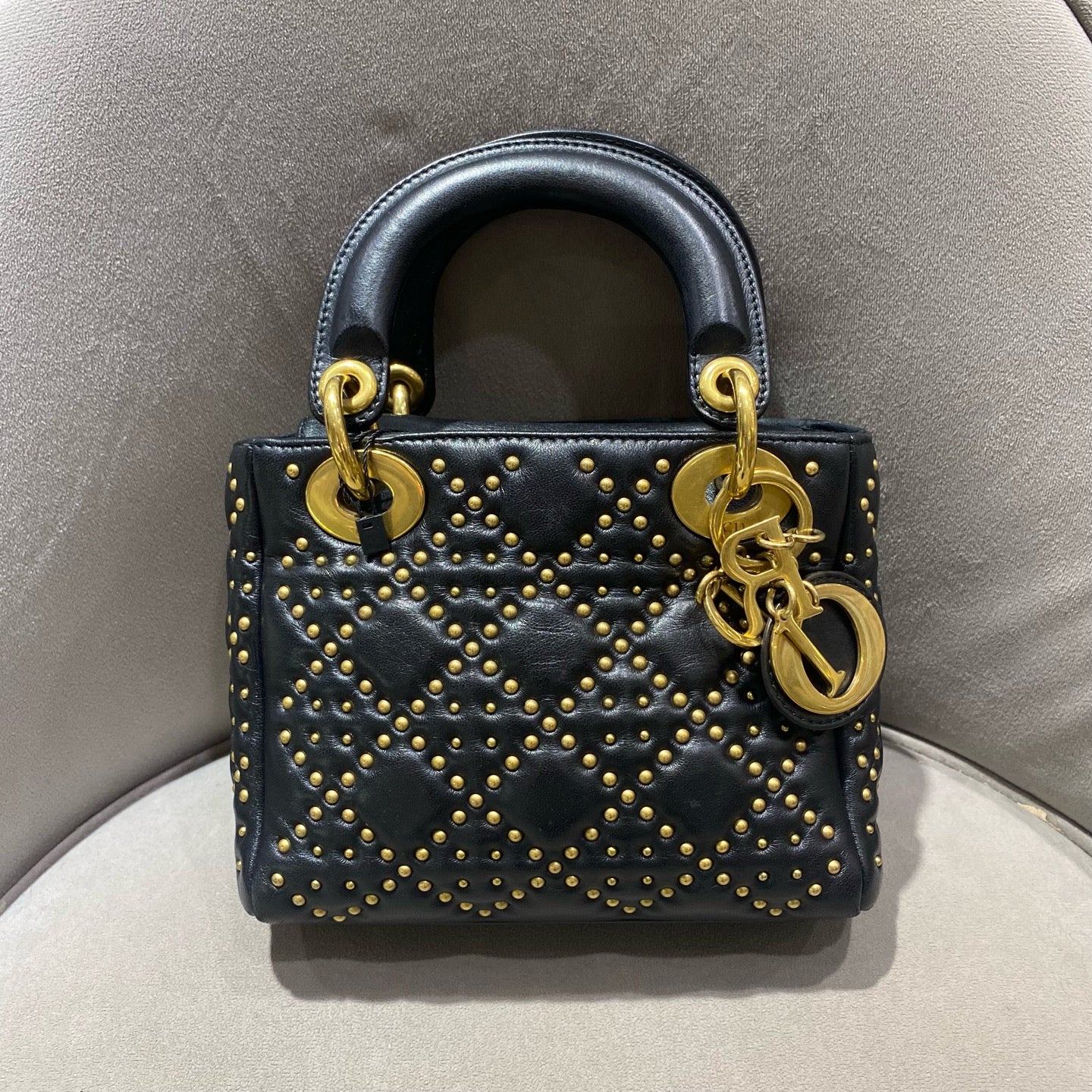Dior - Lady Dior (Studded) - Lambskin leather with gold-tone rivets - Black - (Mini)