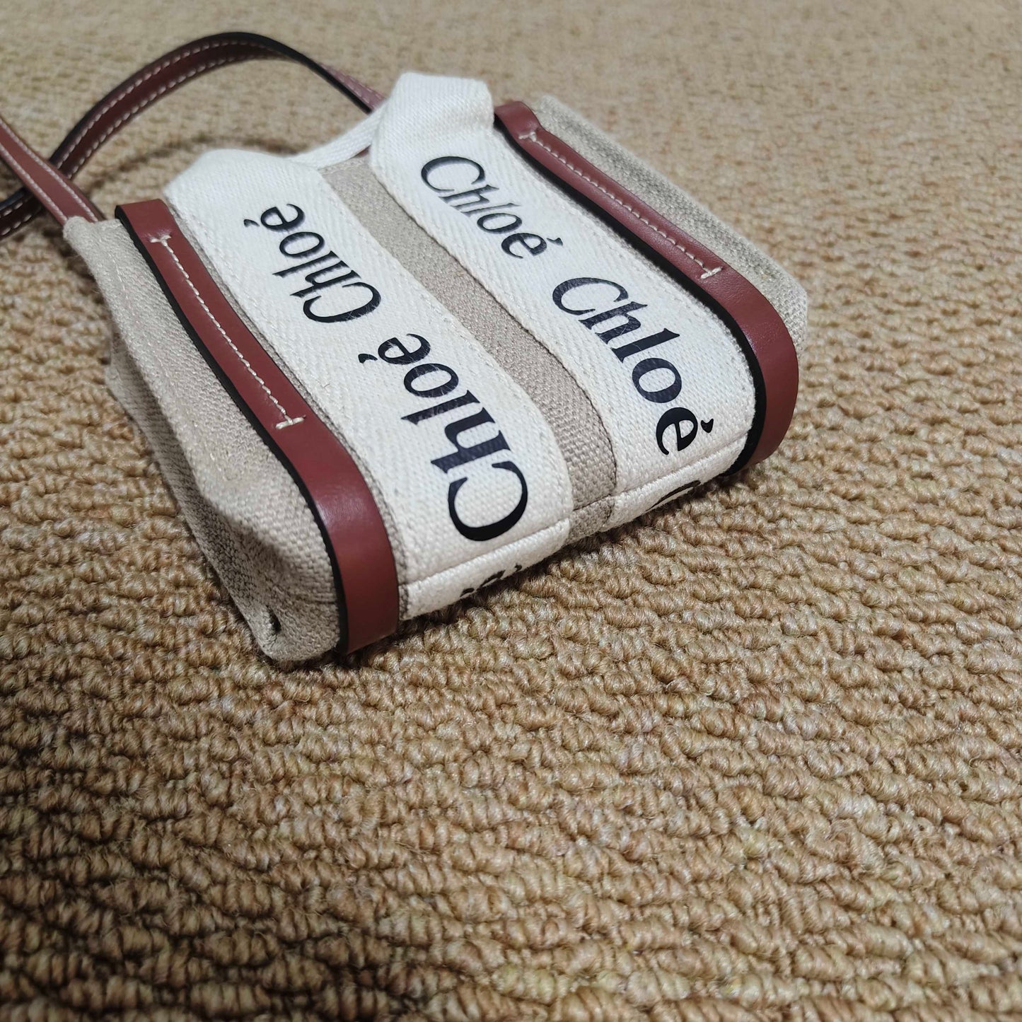 Chloé - Woody Mini Tote Bag - Canvas with leather trim - Beige and Brown - (Mini)