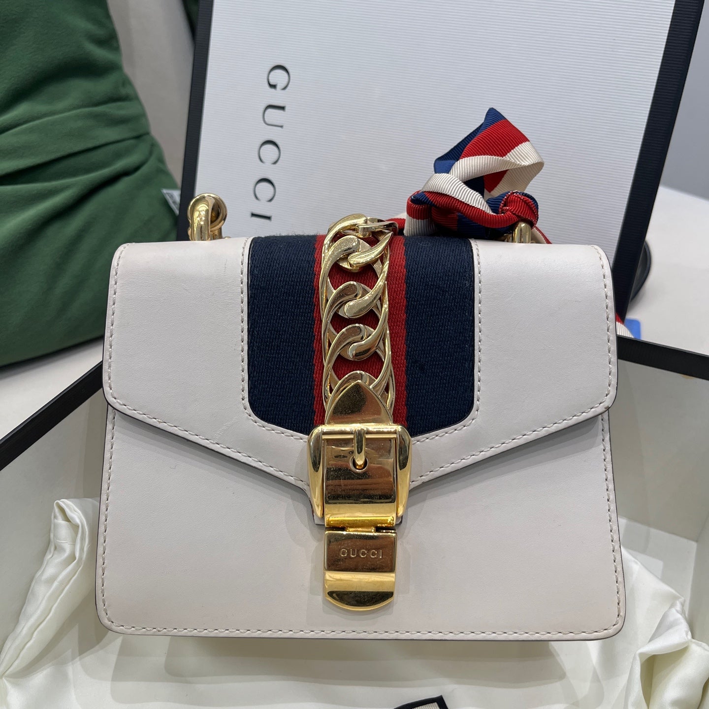 Gucci - Sylvie Small Shoulder Bag - Leather with Web stripe accent - White - (small)