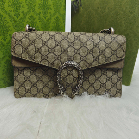 Gucci - Dionysus Shoulder Bag - GG Supreme coated canvas with suede leather trim and interior - Beige (canvas) and Camel (suede) with Aged Silver-Tone Hardware - (Medium)
