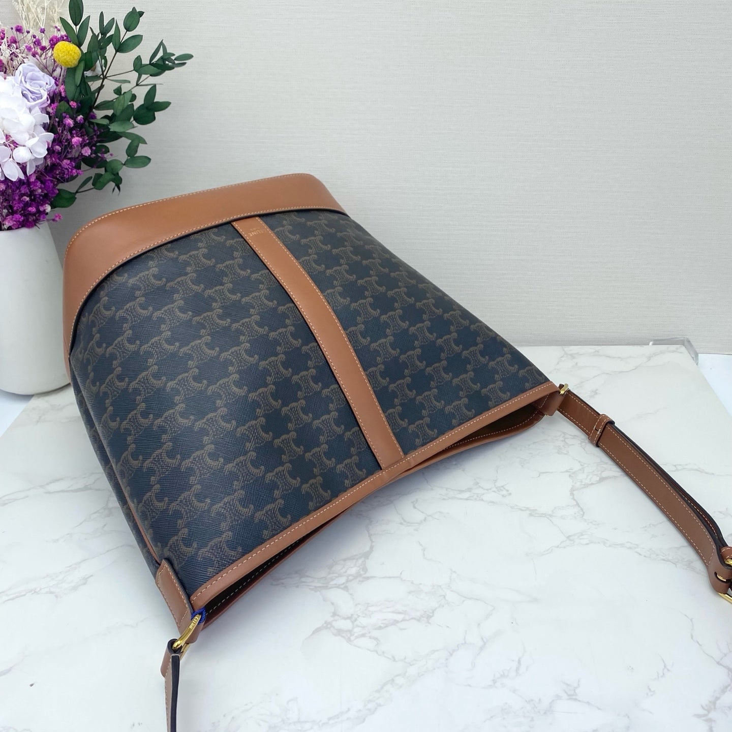 Celine - Cabas Triomphe Tote - Triomphe canvas with tan leather trim - Brown - (medium)