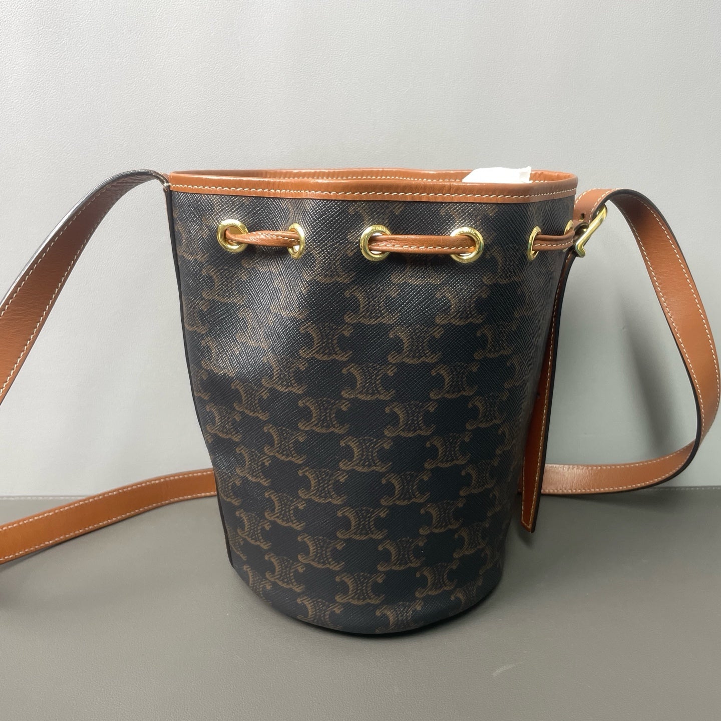 Celine - Triomphe Canvas Drawstring Bucket Bag - Triomphe coated canvas with brown leather trim - Brown - (small)