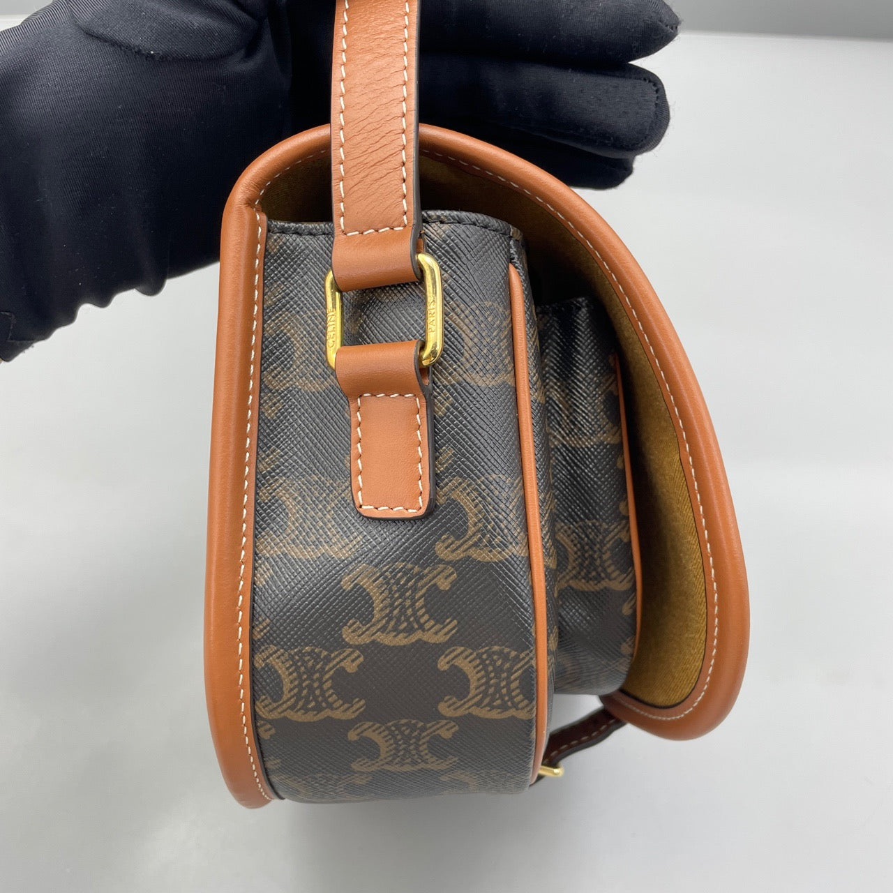 Celine - Triomphe Canvas Saddle Bag - Triomphe coated canvas with tan leather trim - Brown - (mini)