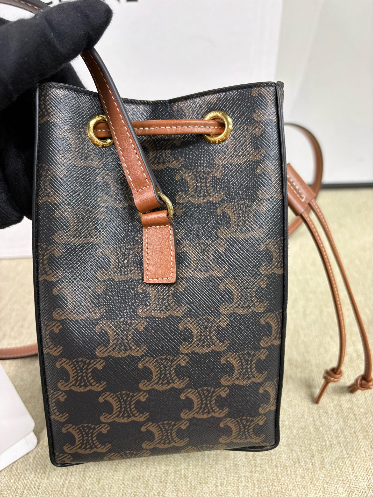Celine - Sailor Bucket Bag - Triomphe coated canvas with calfskin leather trim and canvas lining - Black and Brown - (mini)