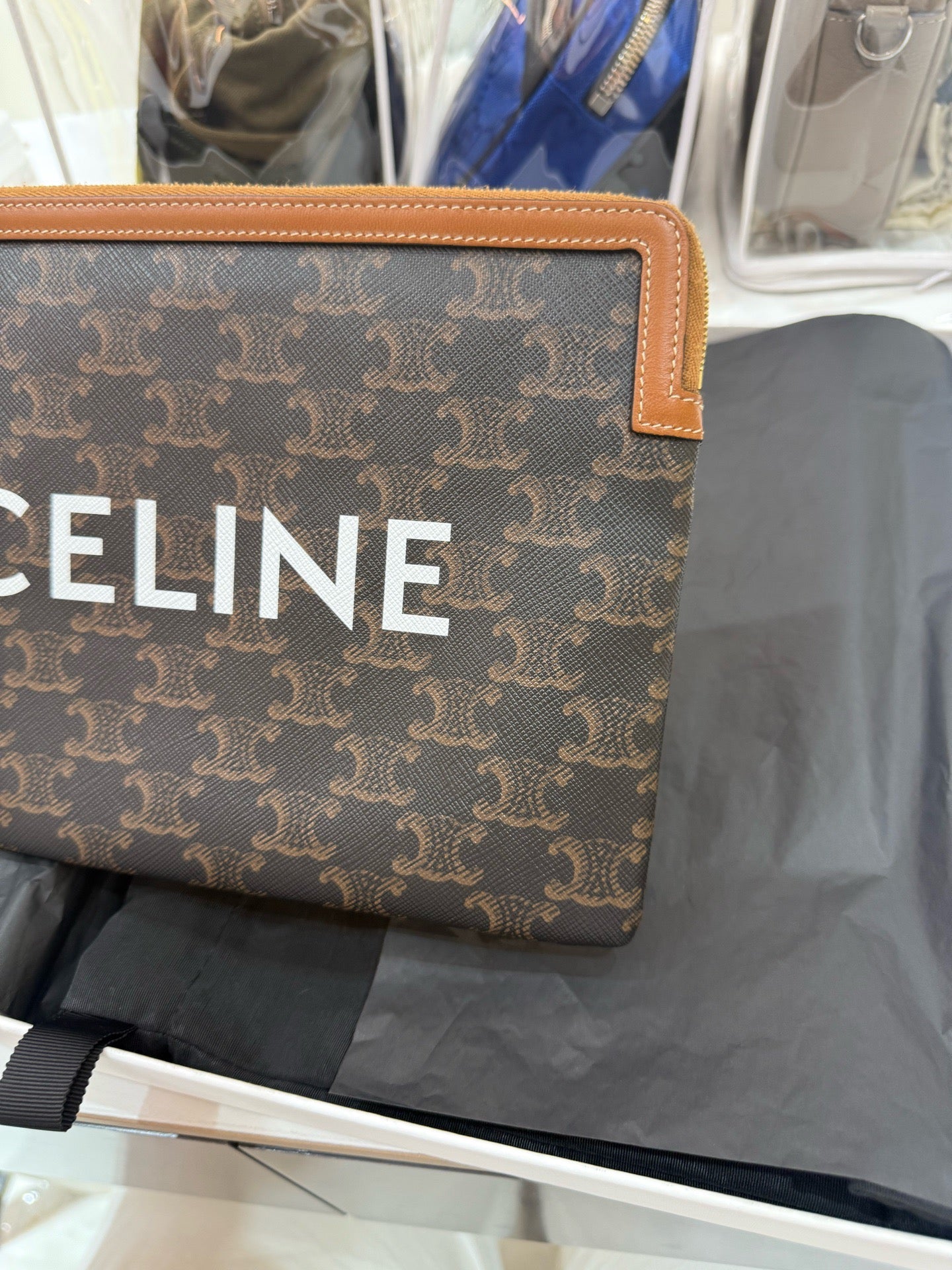 Celine - Triomphe Canvas Clutch - Triomphe coated canvas with leather trim - Brown - (medium)