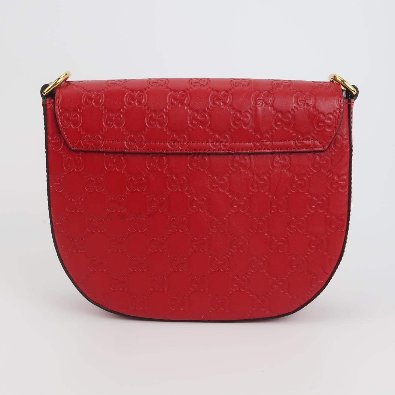 Gucci - Padlock Saddle Bag - Gucci Signature embossed leather with suede lining - Red with navy and red web strap - (small)