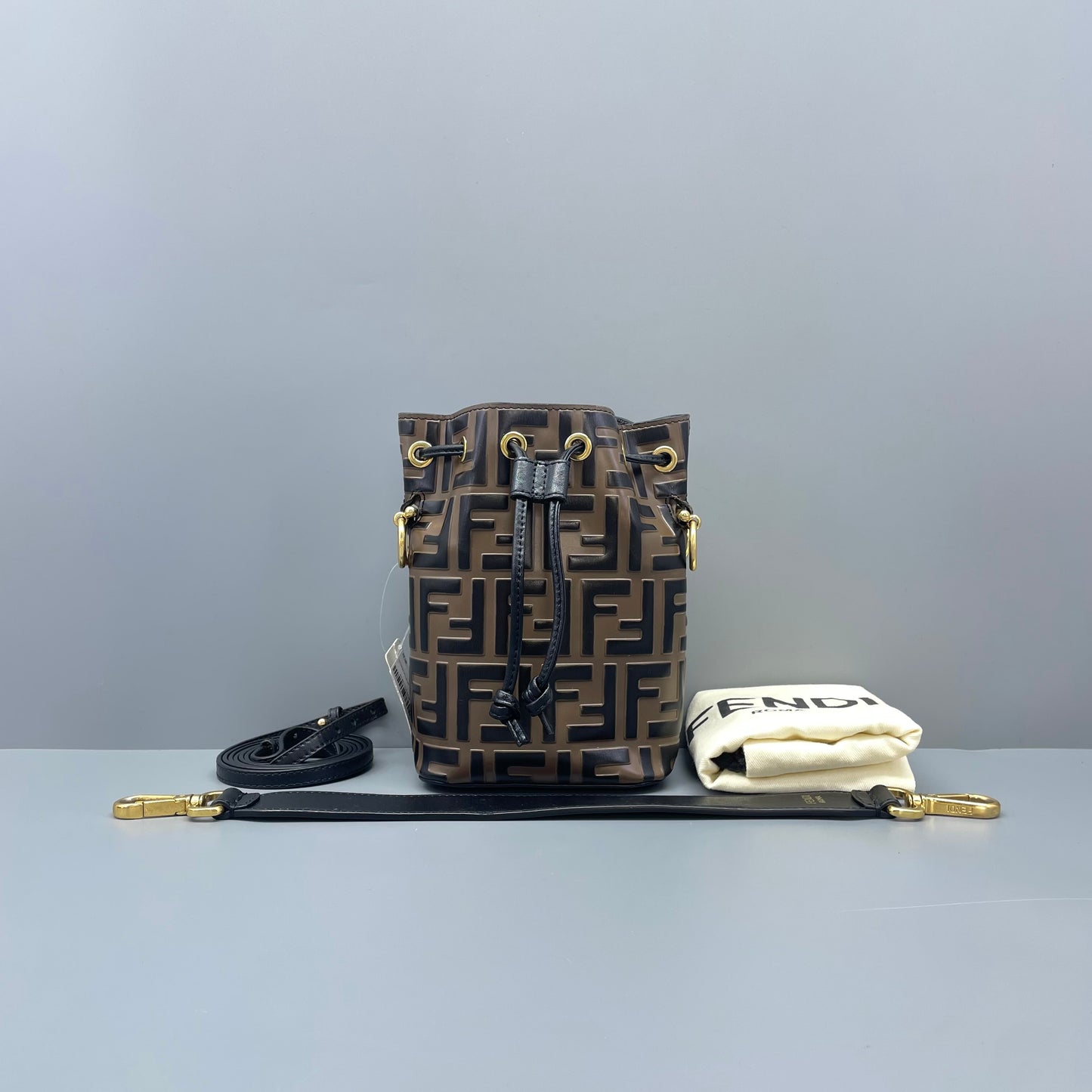 Fendi - Mini Bucket Bag with FF Monogram - Coated canvas with leather trim - Brown - (mini)