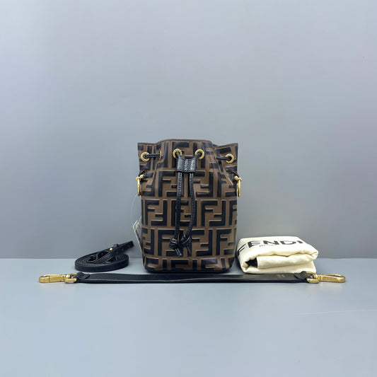 Fendi - Mini Bucket Bag with FF Monogram - Coated canvas with leather trim - Brown - (mini)