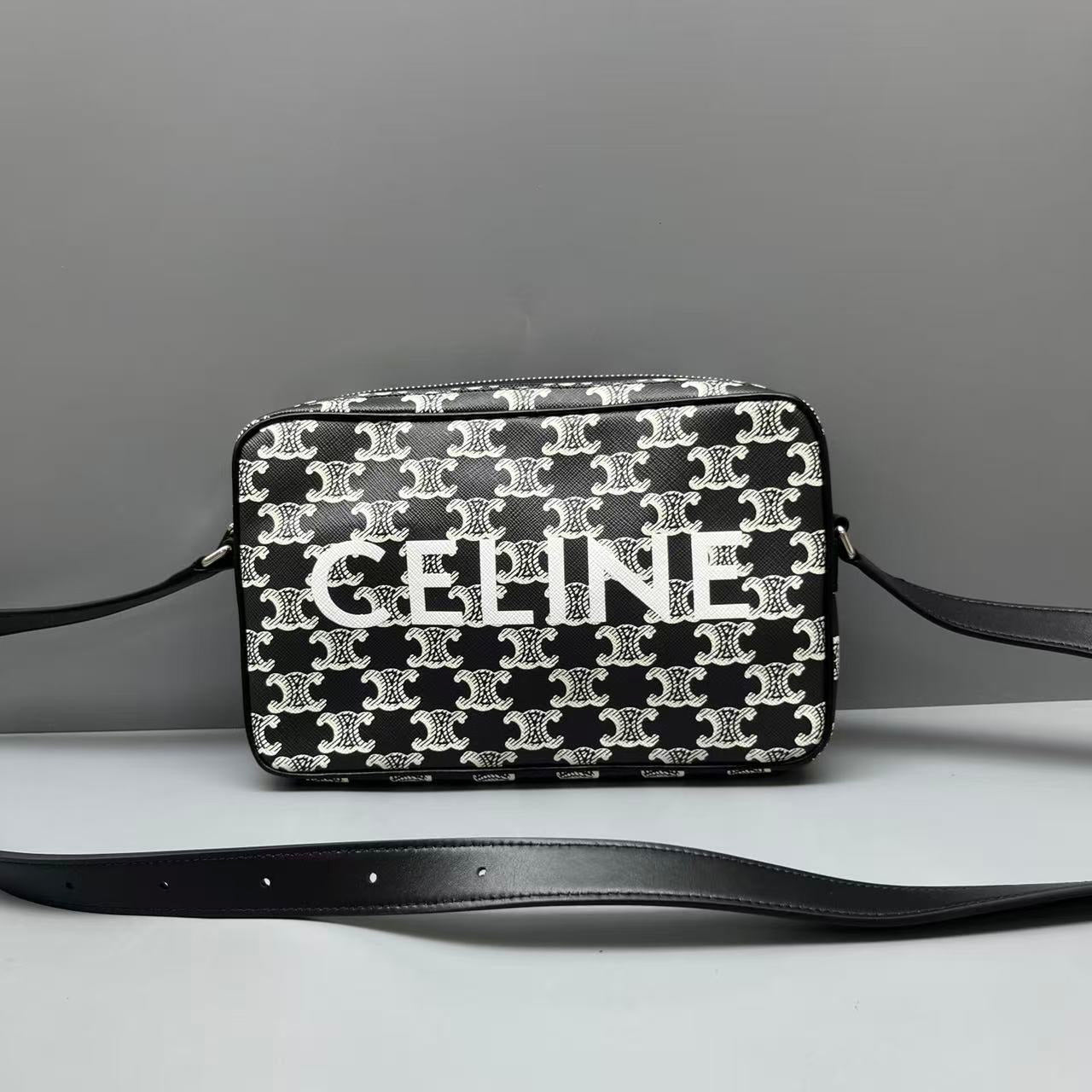 Celine - Triomphe Canvas Camera Bag - Coated canvas with leather trim - Black and White - (medium)