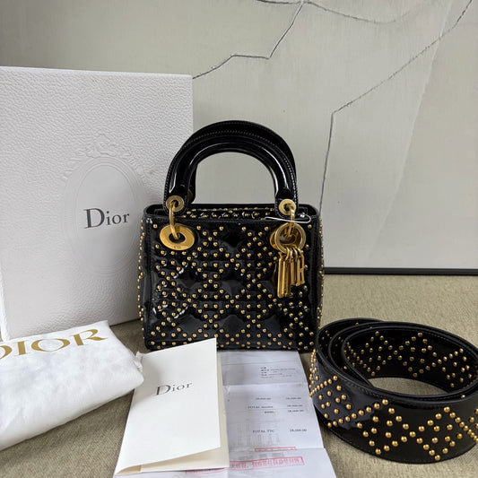 Dior - Lady Dior Mini Studded Bag - Patent leather - Black - (mini)
