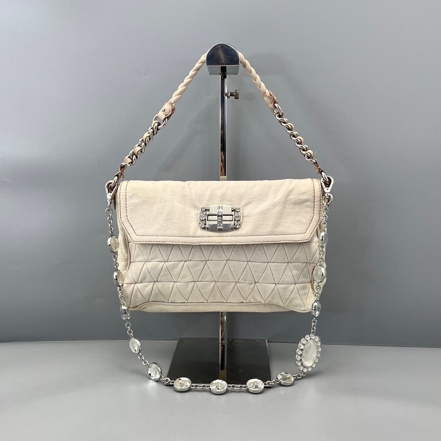 Miu Miu - Jeweled Chain Pleated Flap Bag - Fabric with leather trim - White - (Medium)