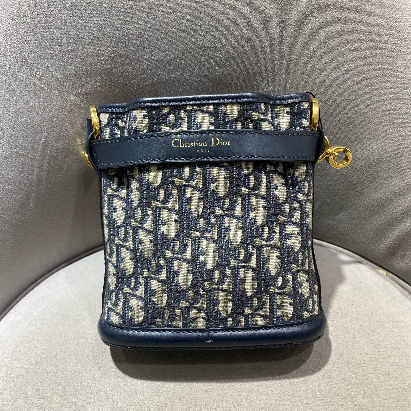 Dior - Dior Oblique Embroidered Mini Bucket Bag - Embroidered canvas with calfskin leather trim - Navy - (mini)