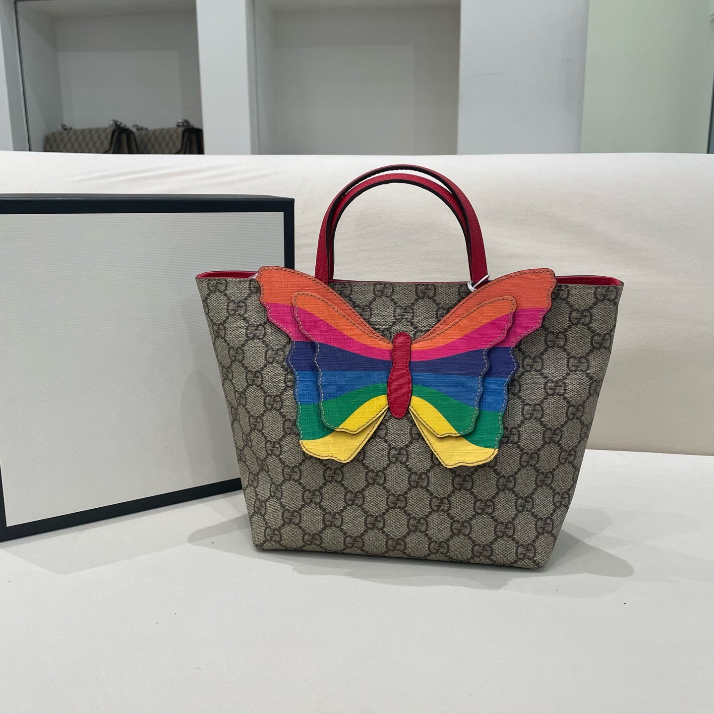 Gucci - Kids' GG Supreme Butterfly Tote - Coated canvas with leather trim and appliqué - Beige with red and multicolour accents - (mini)