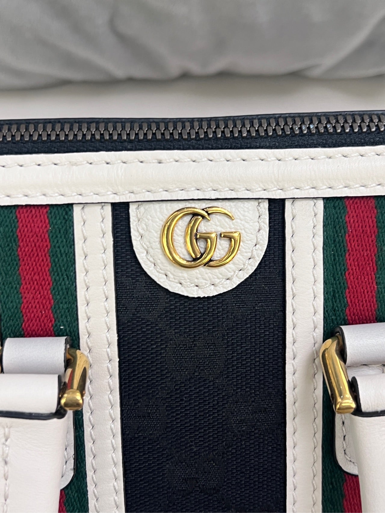 Gucci - Exquisite Top Handle Bag - GG Canvas and Leather - Black with White trim and Red/Green Web - (mini)