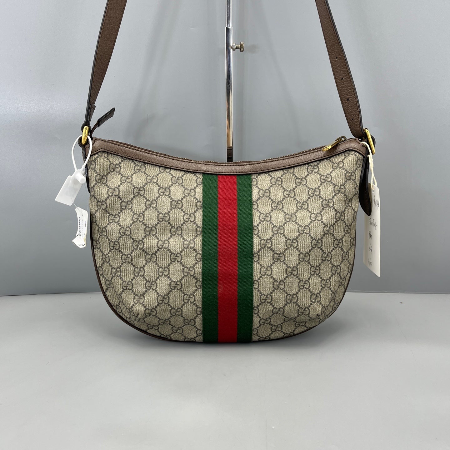 Gucci - Ophidia Half Moon Crossbody Bag - GG Supreme canvas with leather trim - Beige and Ebony with Red and Green Web stripe - (medium)