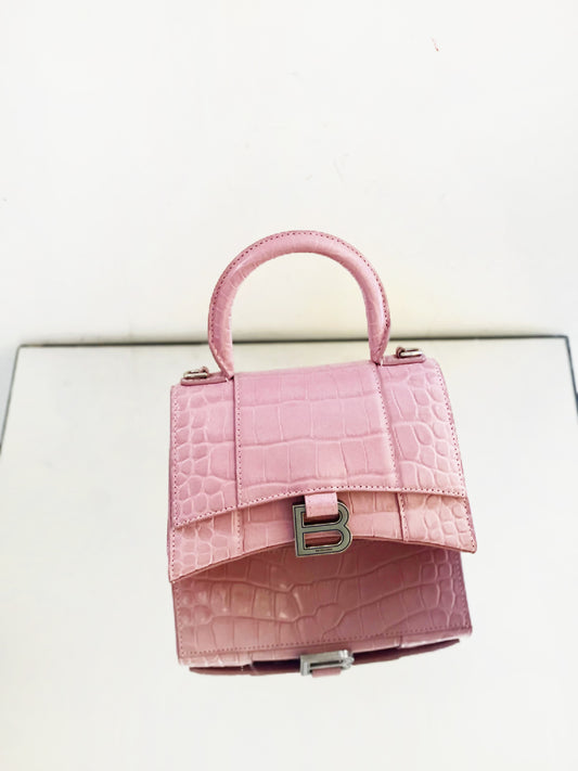 Balenciaga - Hourglass Bag XS - Patent leather with crocodile embossing - Pink with Silver-tone Hardware - (mini)