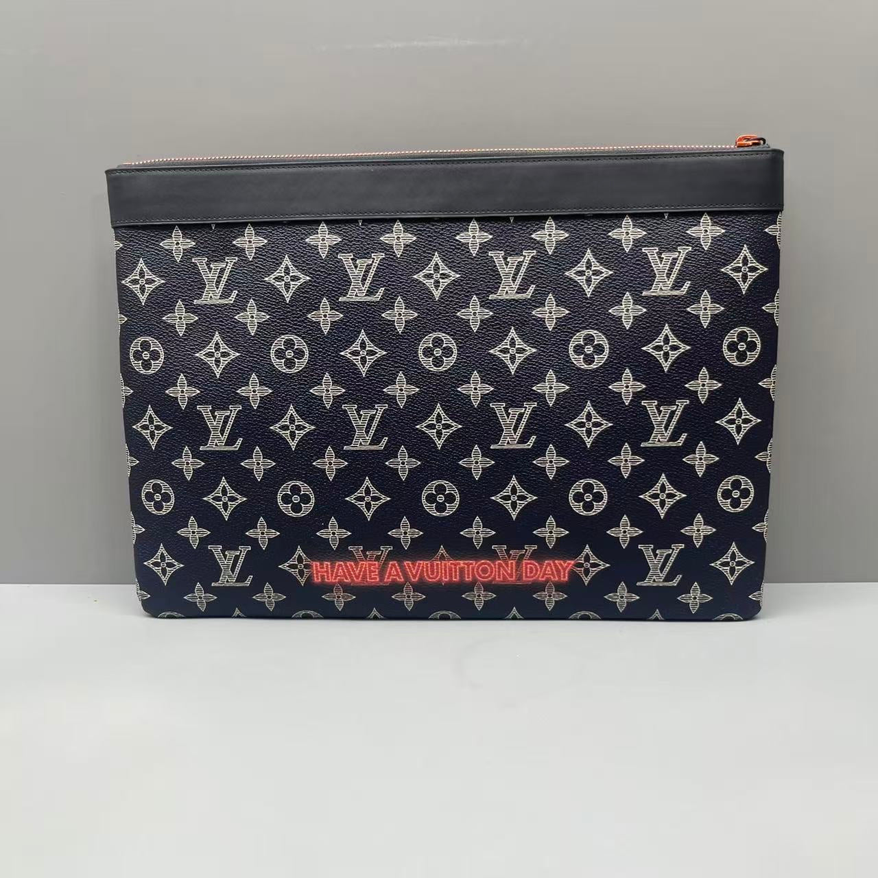 Louis Vuitton - Apollo Clutch Monogram Eclipse 'Pop-Up V' with 'Have a Vuitton Day' - Coated Canvas, Leather trim - Navy - (Large)