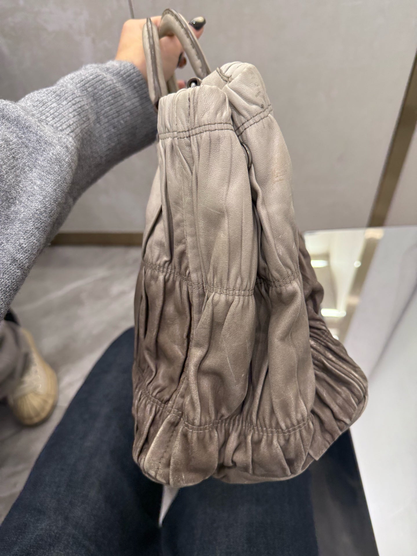 Prada - Nappa Gaufre Pleated Tote - Lambskin leather - Grey - (medium)
