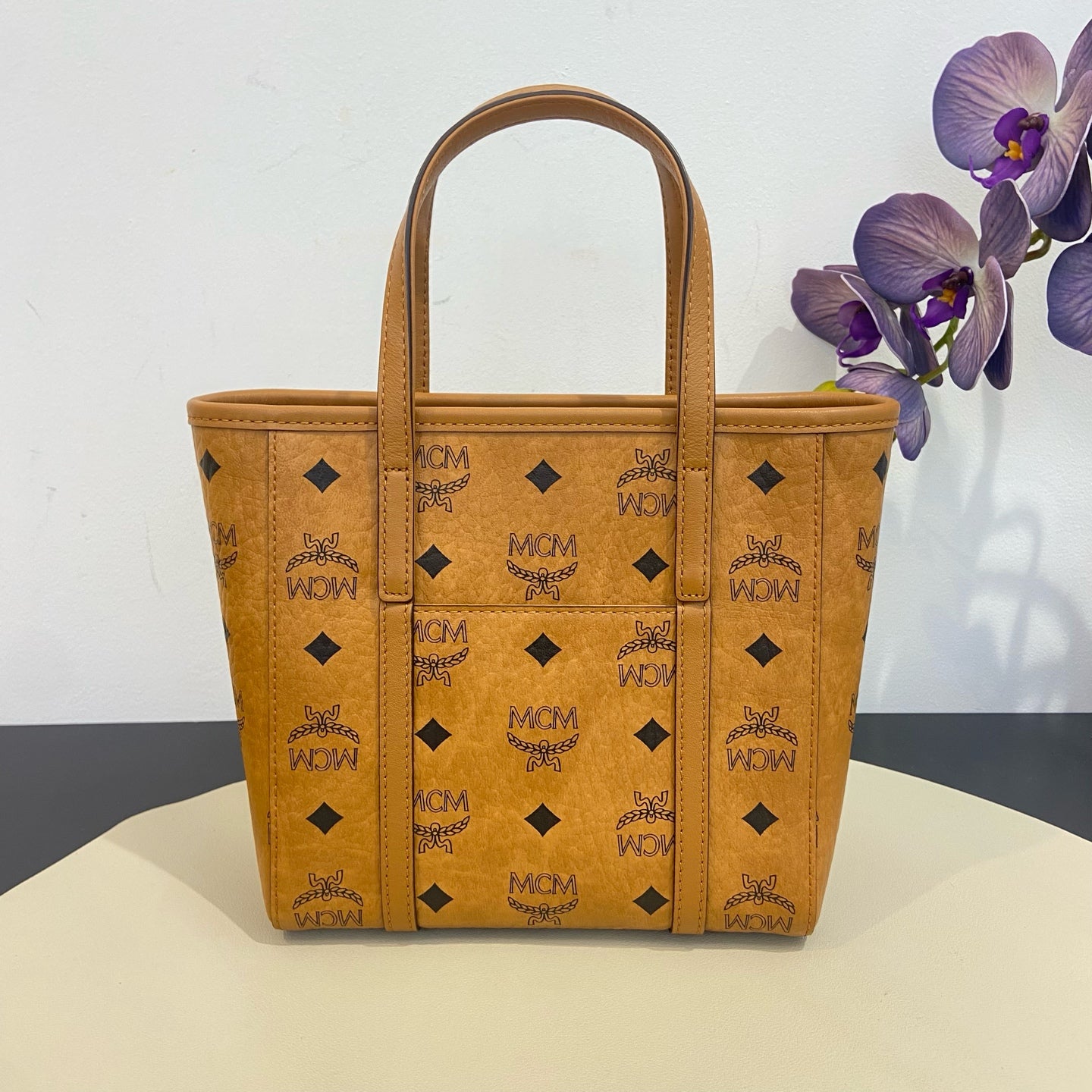 MCM - Visetos Mini Tote Bag - Coated canvas with leather trim - Cognac - (mini)
