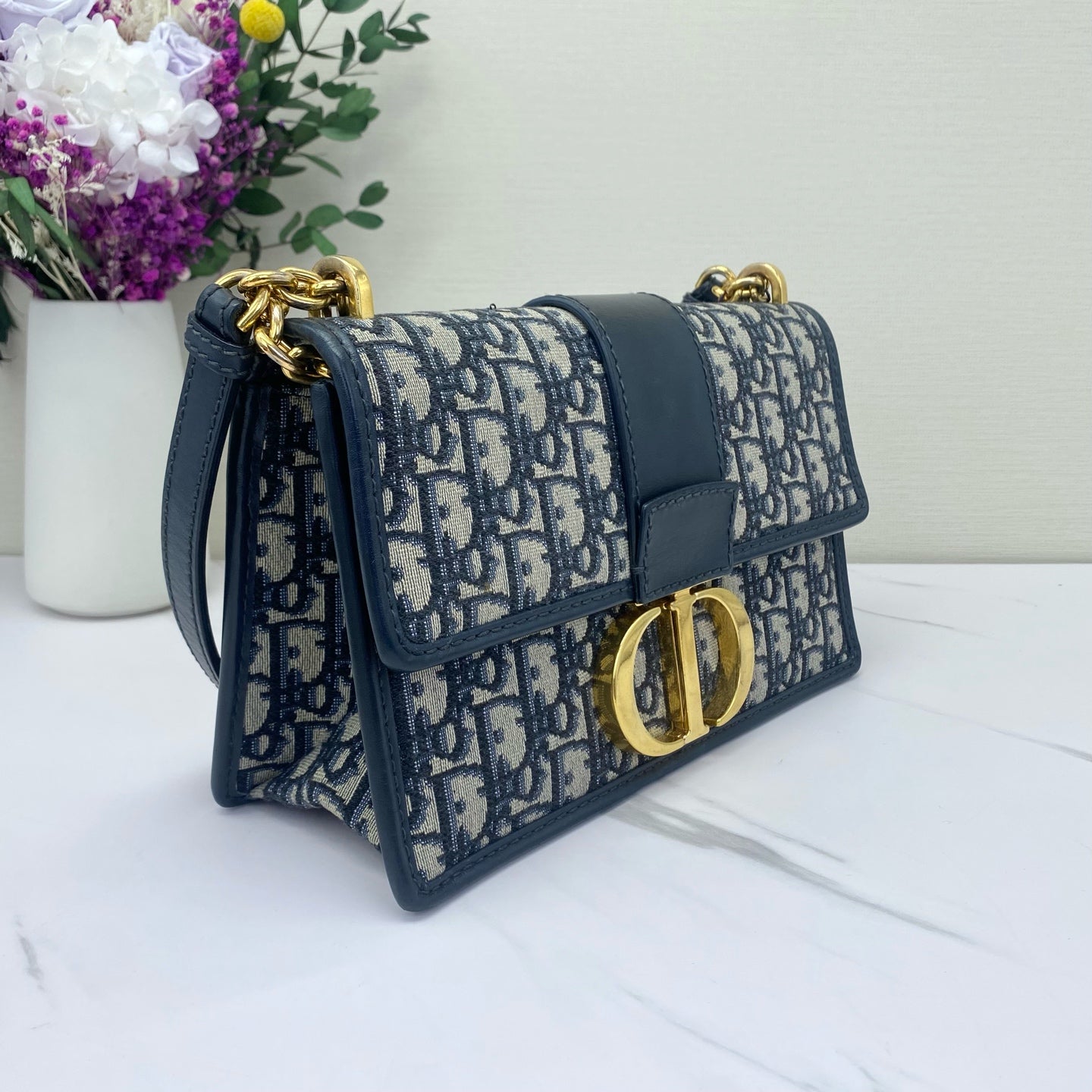 Dior - 30 Montaigne - Dior Oblique embroidered canvas with leather trim - Navy blue and beige - (small)