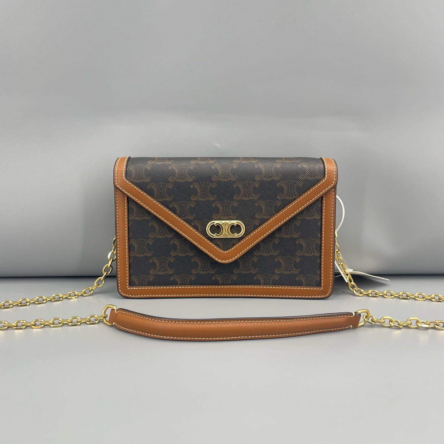 Celine - Triomphe WOC Envelope Chain Bag - Triomphe coated canvas with calfskin leather trim - Brown - (mini)