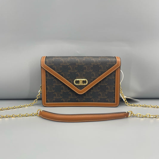 Celine - Triomphe WOC Envelope Chain Bag - Triomphe coated canvas with calfskin leather trim - Brown - (mini)