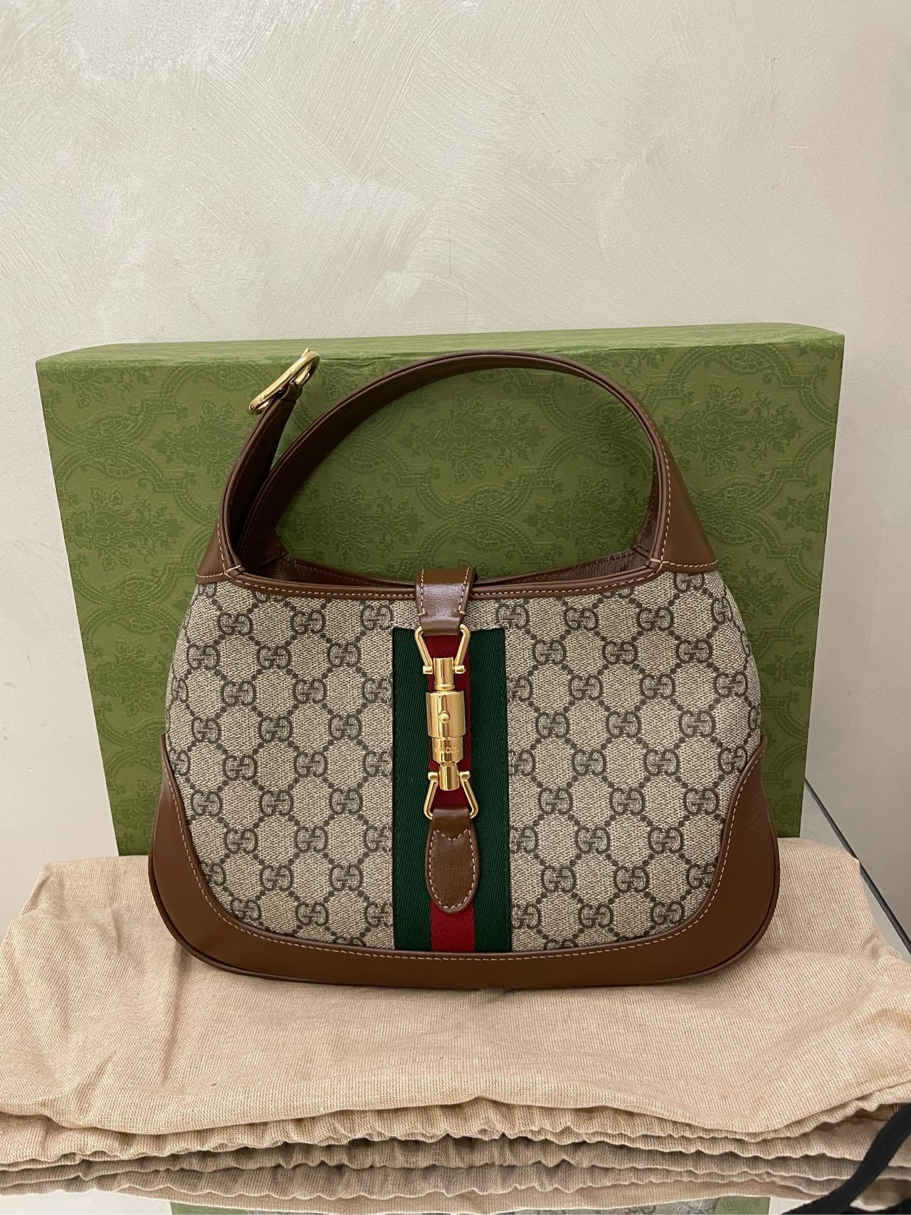 Gucci - Jackie 1961 - GG Supreme canvas with leather trim - Beige with brown accents and green/red web - (small)