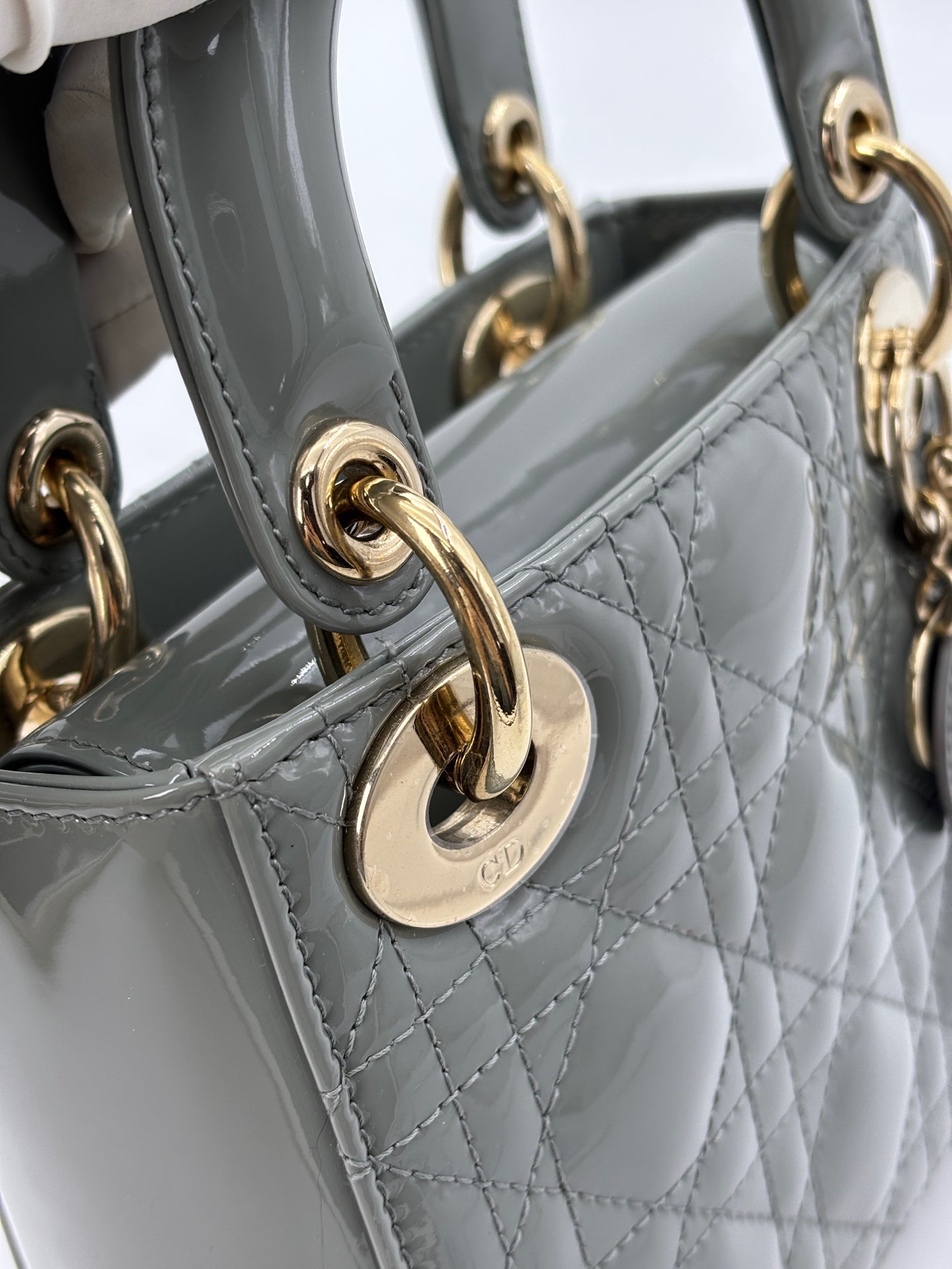 Dior - Lady Dior Mini (Cannage) - Patent cowhide leather - Grey - (mini)