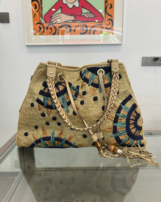 Gucci - Straw Woven Floral Bamboo Tassel Tote - Wicker and Leather - Multicolour - (Large)