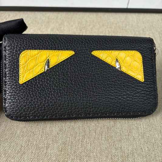 Fendi - Bag Bugs Monster Zip-Around Wallet (7M0210-A3DL-F0R2A) - Pebbled leather and exotic crocodile leather - Black and Yellow - (Medium)