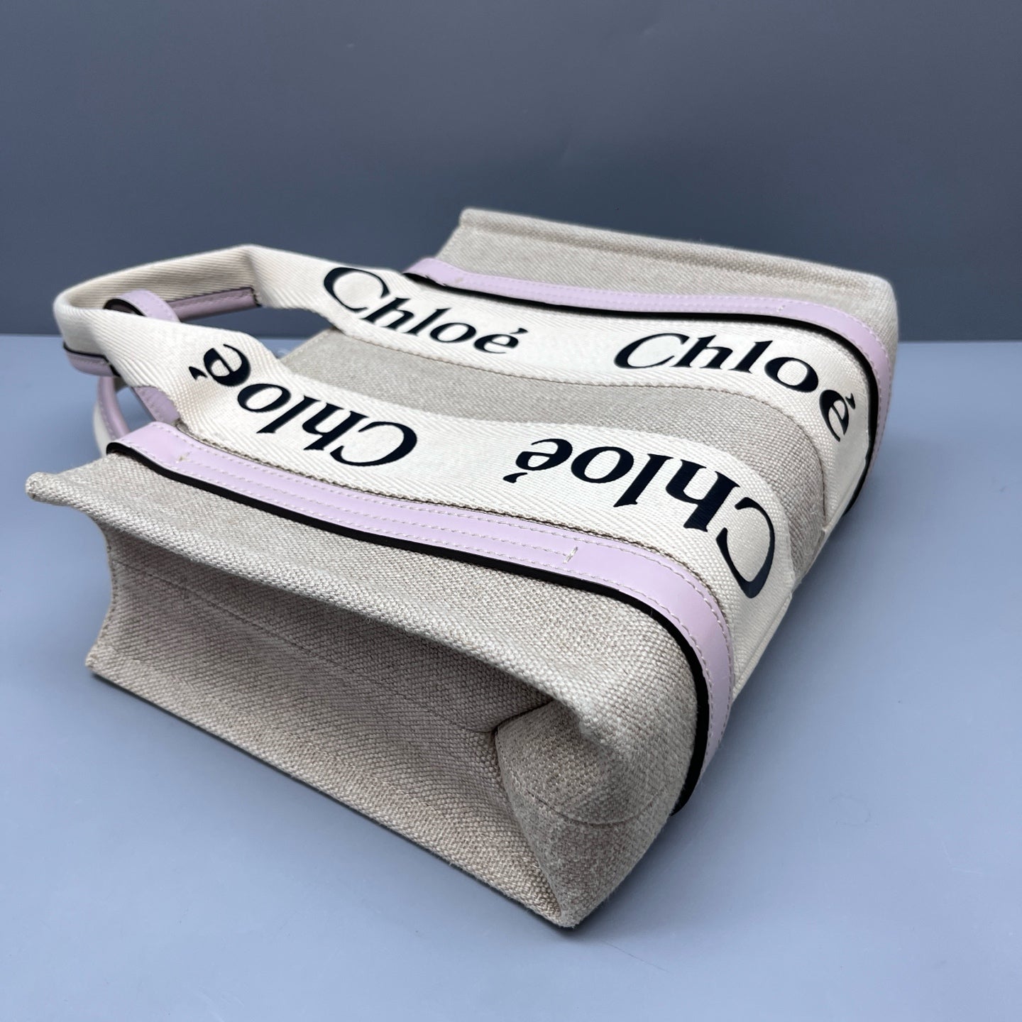 Chloe - Woody Tote Bag - Canvas and Leather - Beige with Pink Accents - (Small)