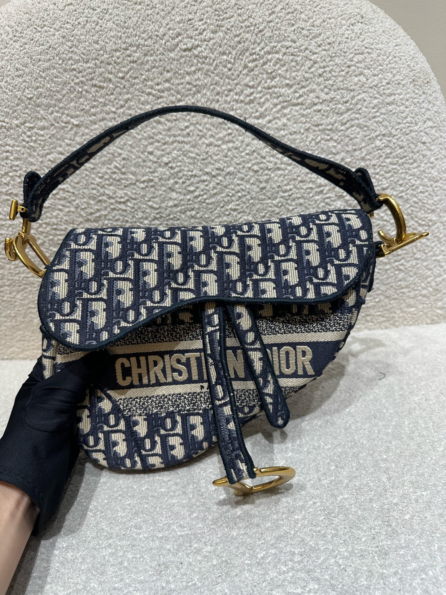 Dior - Saddle Bag - Embroidered canvas - Navy - (Medium)