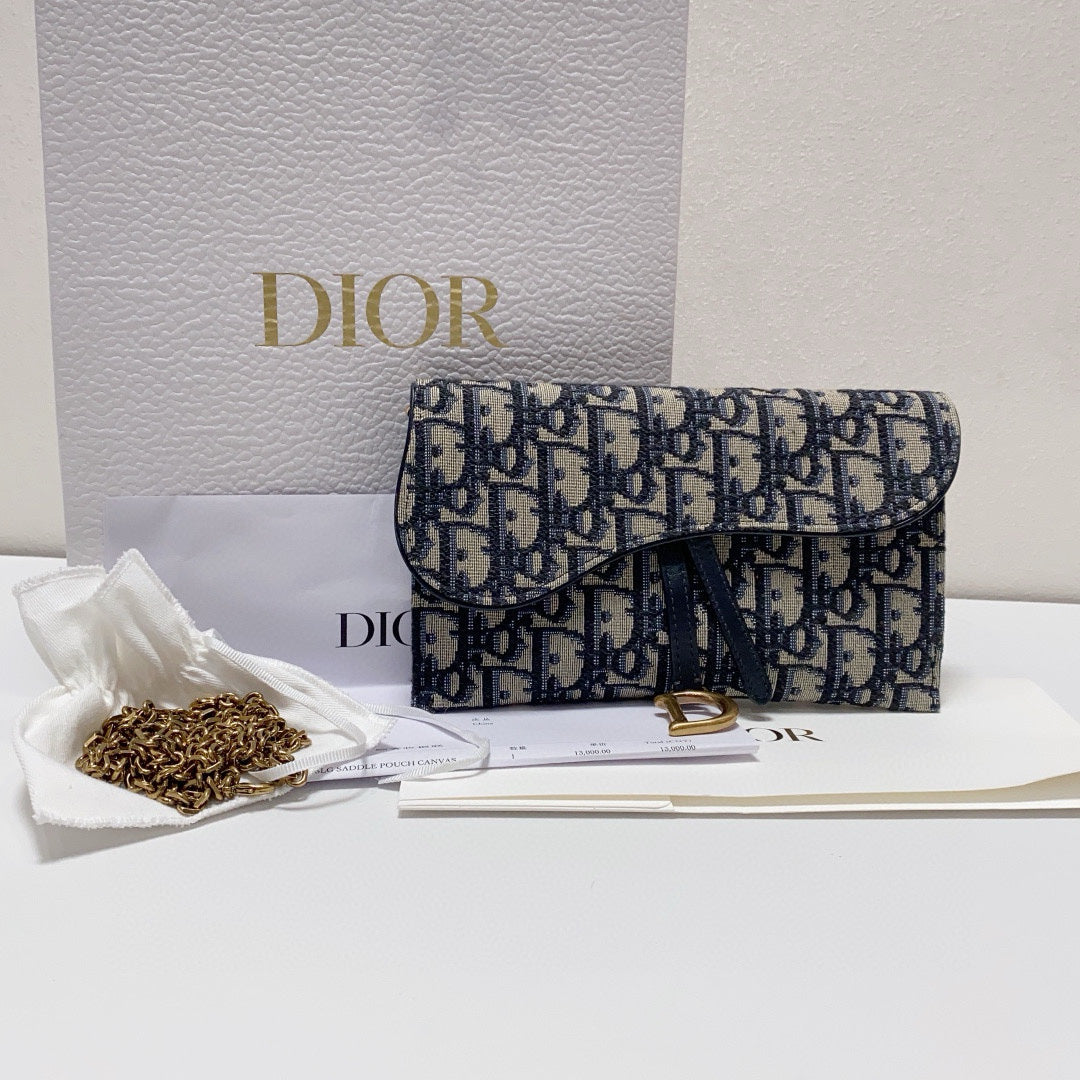Dior - Saddle Pouch 2-in-1 Wallet on Chain - Dior Oblique jacquard canvas with leather trim - Blue and Beige - (mini)