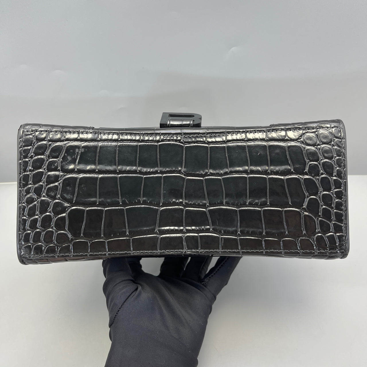Balenciaga - Hourglass Top Handle Bag S - Crocodile embossed calf leather - Black - (mini)