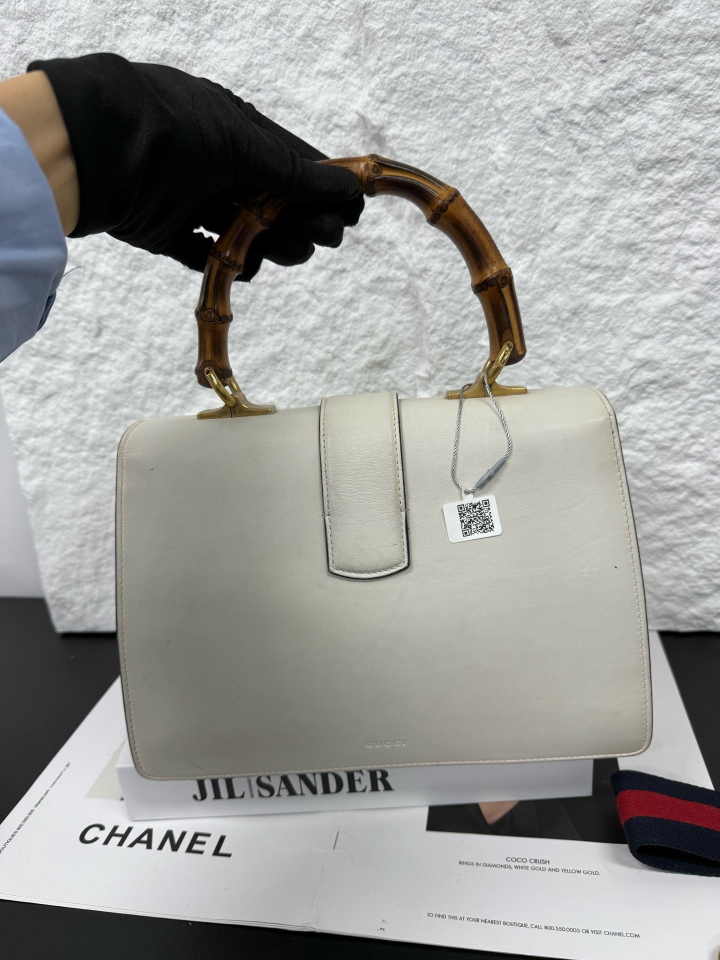 Gucci - Dionysus Bamboo Top Handle Bag - Leather with bamboo handle - Off-white, Red and Navy with brown bamboo - (medium)