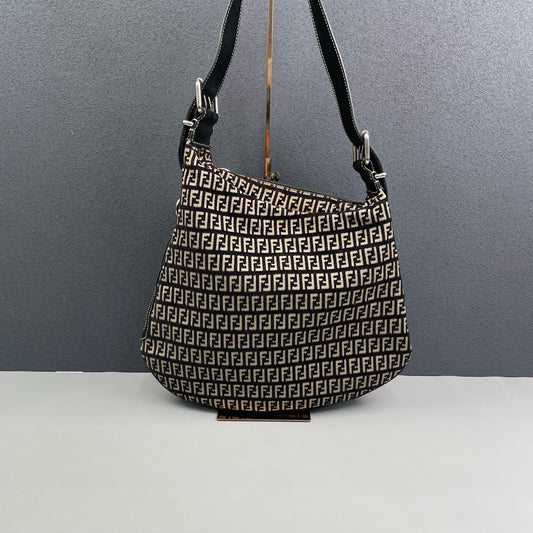 Fendi - Shoulder Bag - Jacquard canvas with leather trim - Black and Beige - (medium)