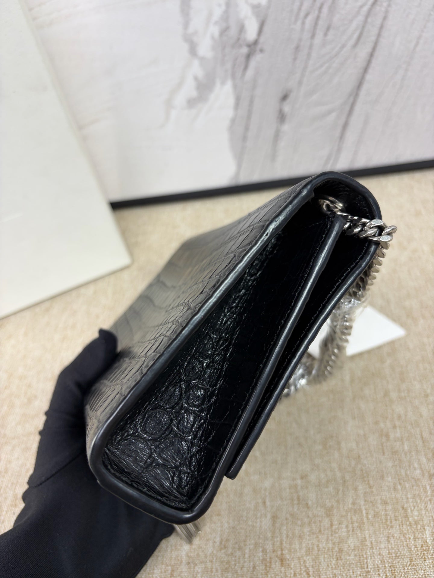Saint Laurent - Kate Tassel Chain Bag - Calfskin leather with crocodile embossing - Black with Silver-Tone Hardware - (Small)