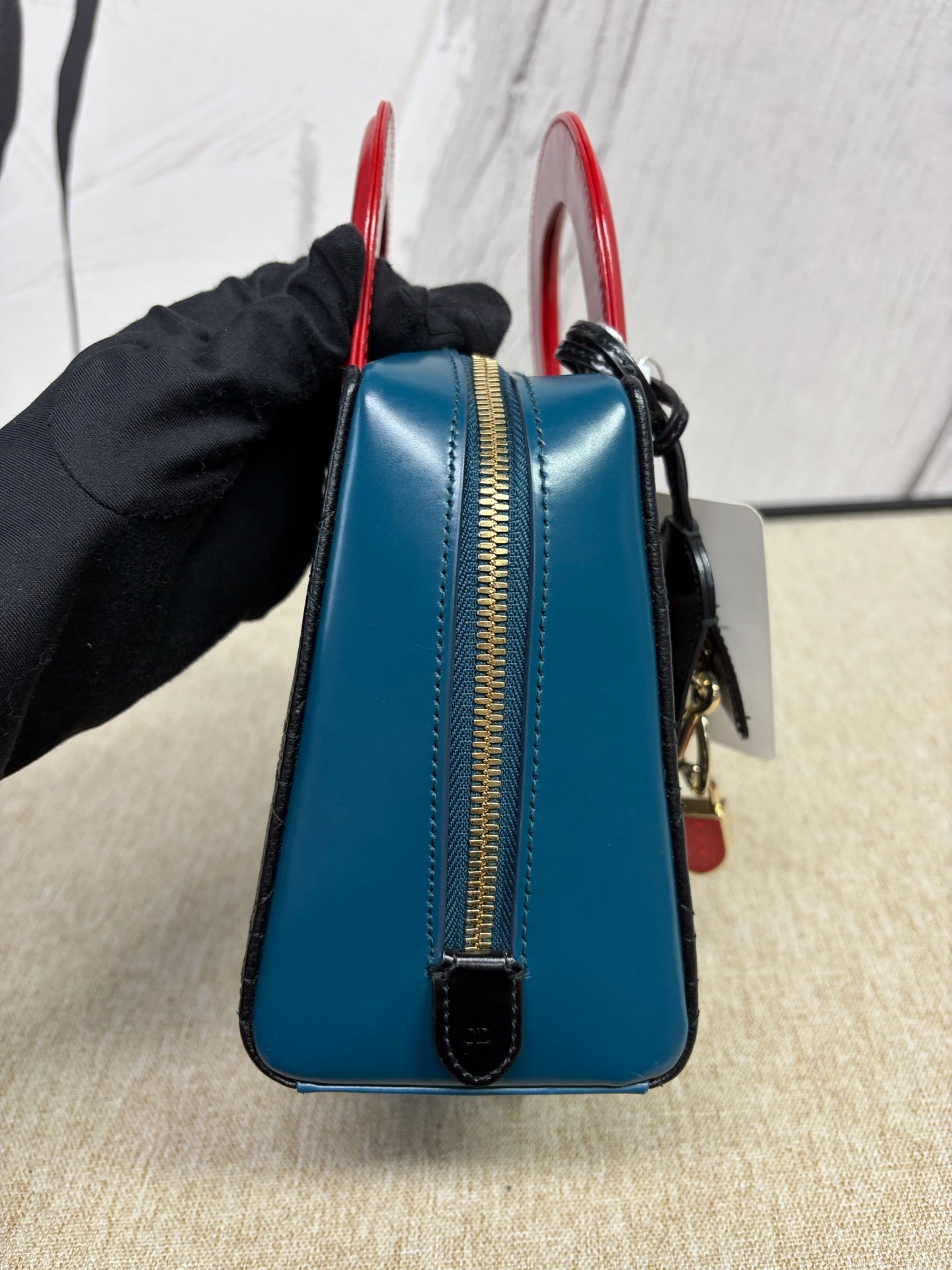 Dior - Lady Dior Mini Christmas Limited Edition Beaded Embroidered - Cowhide leather - Black with Blue side panels and Red handles - (Mini)