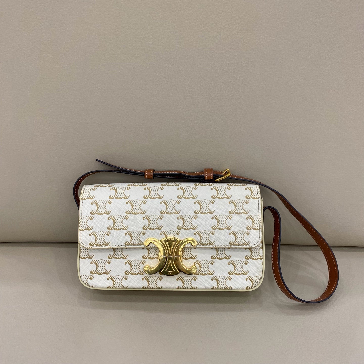 Celine - Triomphe Shoulder Bag - Coated canvas with calfskin leather trim - White - (small)