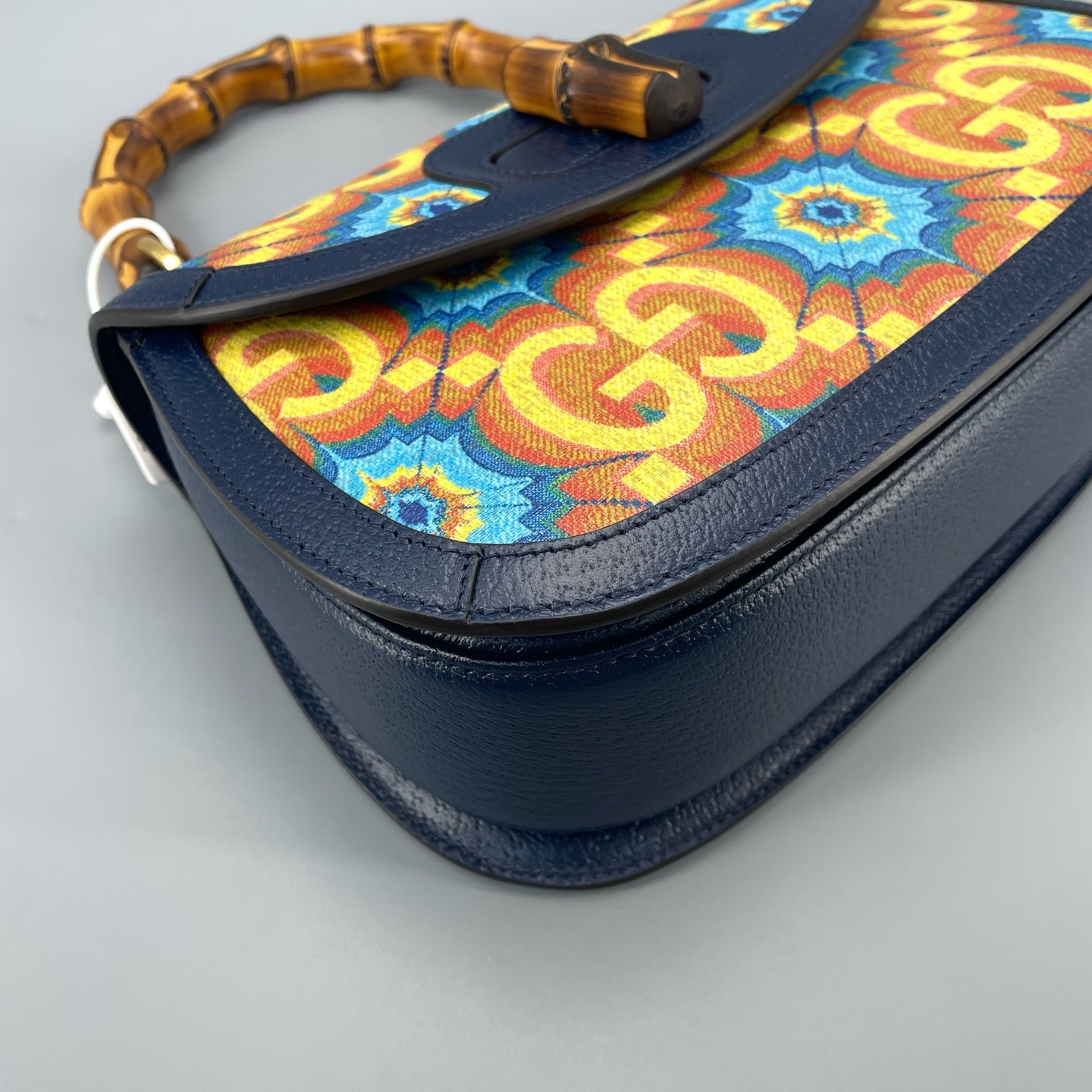 Gucci - 100th Anniversary Limited Edition Bamboo Bag - Grained leather and Canvas - Navy (with Multicolour pattern) - (Small)