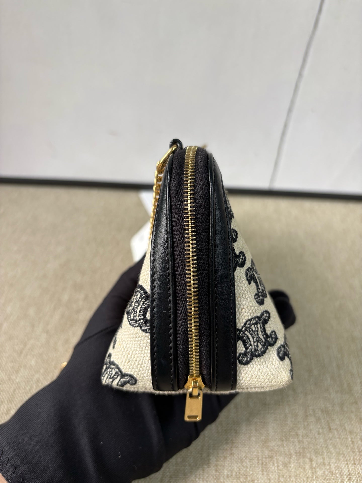 Celine - Mini Triomphe Canvas Pouch with Chain - Triomphe Canvas and Calfskin Leather - Beige, Black, Gold-Tone Hardware - (mini)