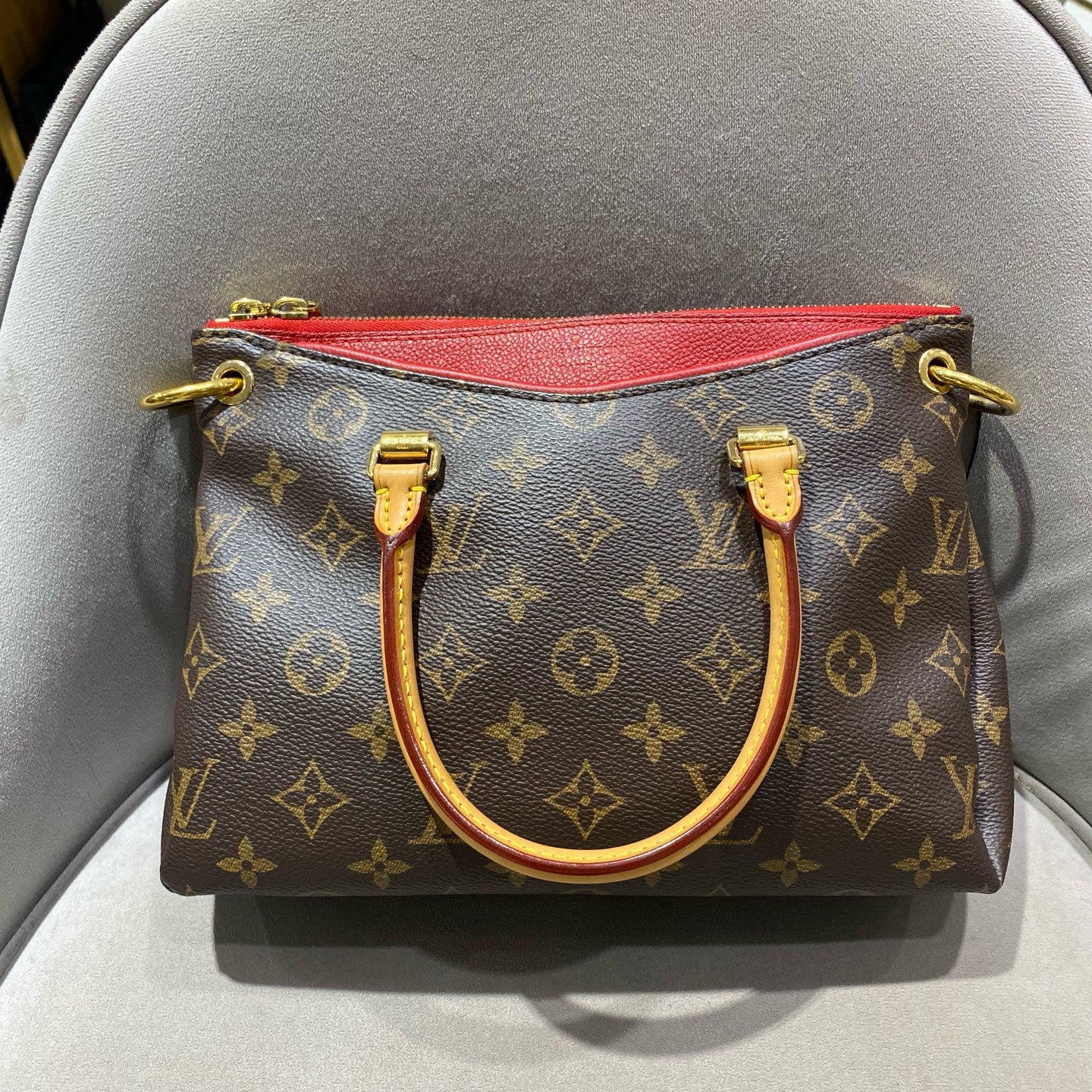 Louis Vuitton - Pallas Monogram - Monogram coated canvas with Vachetta leather trim and red leather lining - Brown with Red Accents - (Small)