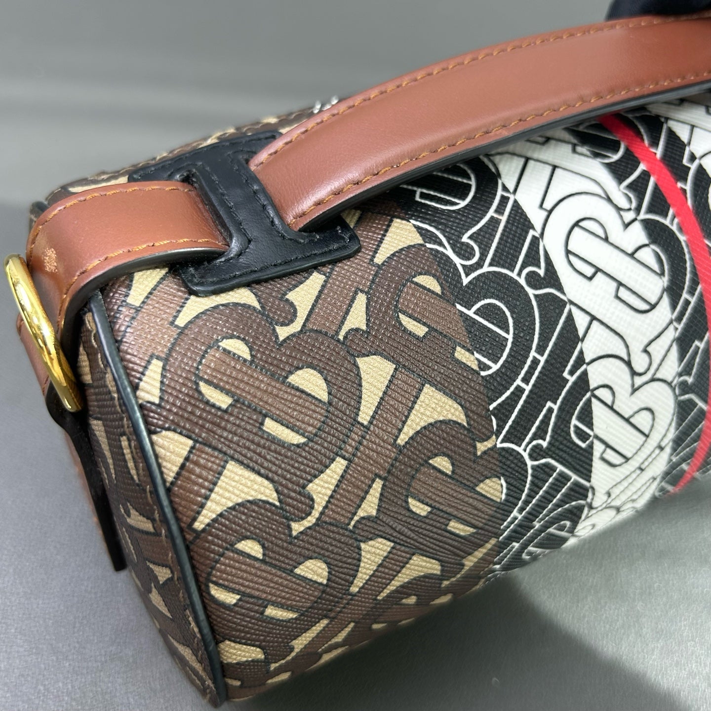 Burberry - TB Monogram Cylinder Bag - Coated Canvas with Leather Trim - Brown, Black, White, Red - (small)