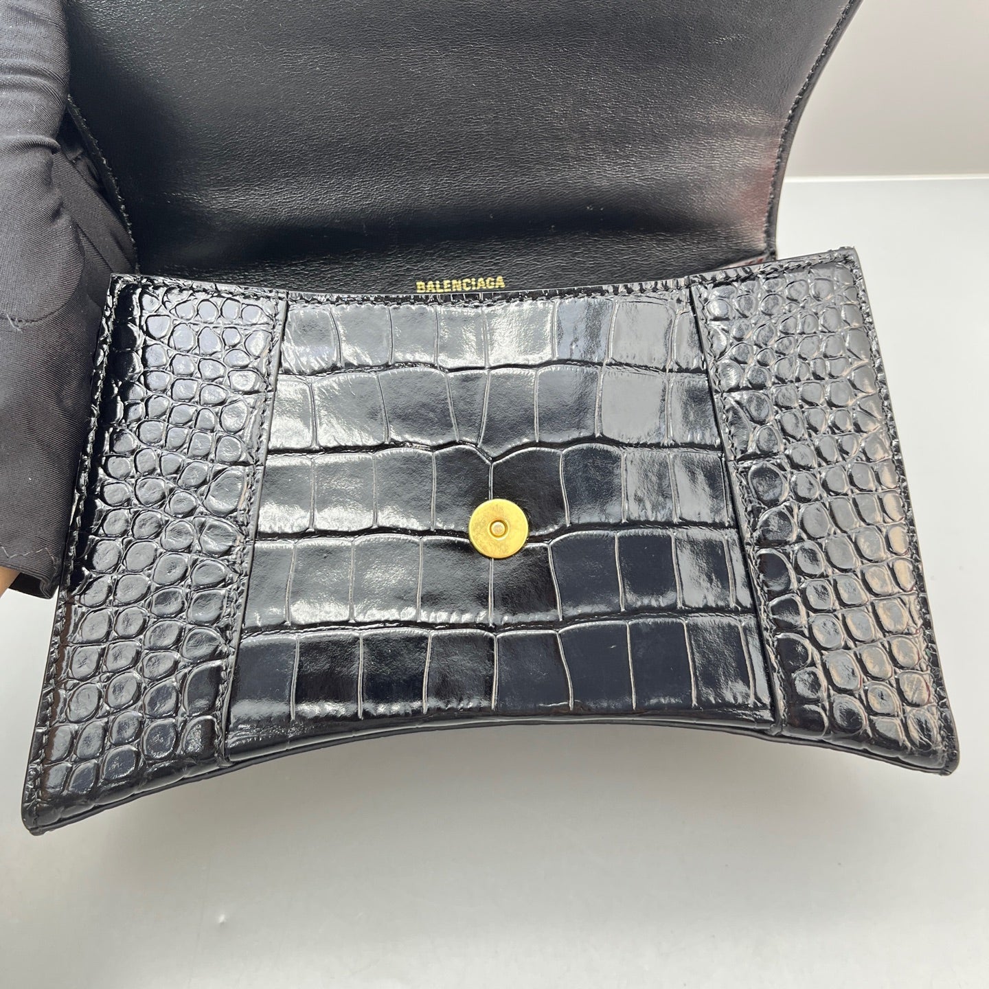 Balenciaga - Hourglass S Bag - Croc-embossed calfskin leather - Black - (Small)